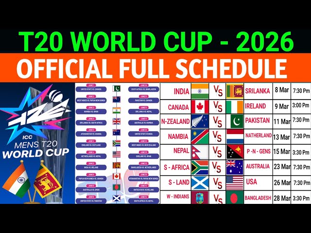 Here’s the official schedule & timetable for the ICC Men’s T20 World Cup 2026, co-hosted by India & Sri Lanka from 7 Feb to 8 Mar 2026 (all times in Indian Standard Time — IST) — updated from the confirmed ICC release: